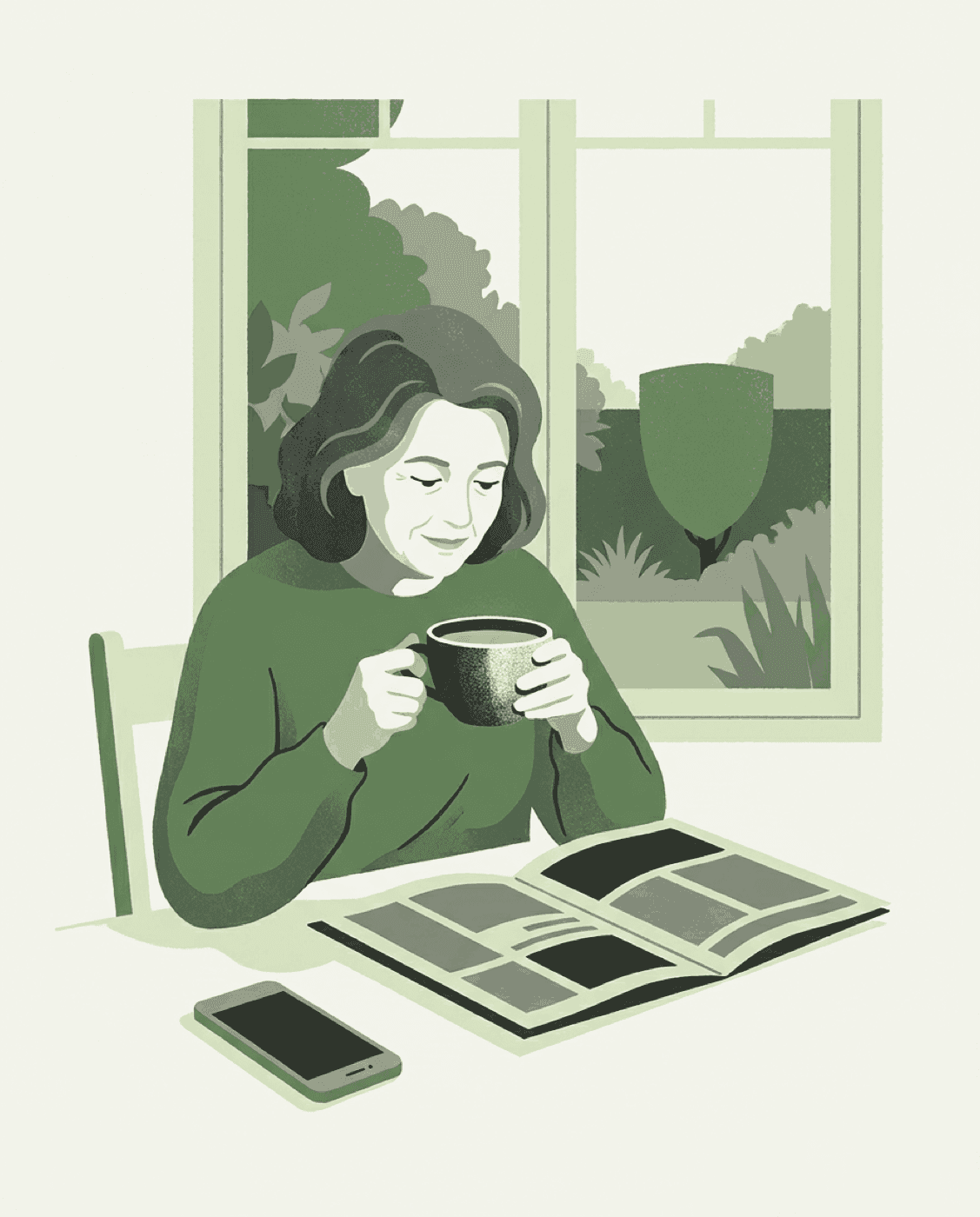 An older woman enjoys tea and a magazine at her kitchen table while her phone lies face down and silent.